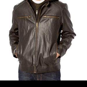 Guess Leather Jacket Faux Brown w Detachable Gray Hood size medium men's